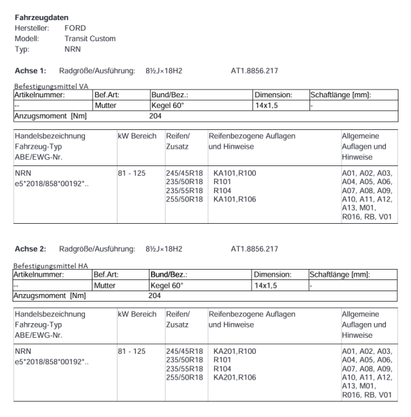 Twin Monotube AT1 Monobloc Felgen Satz für Transit Custom V710 8,5x18 18 Zoll schwarz